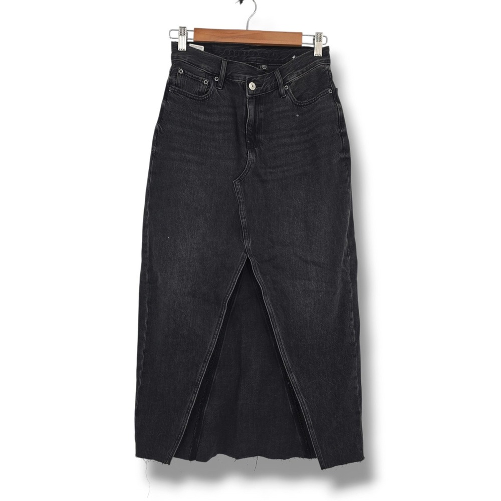 American Eagle Womens High Rise Maxi Denim Skirt Faded Black Raw Hem Size 2